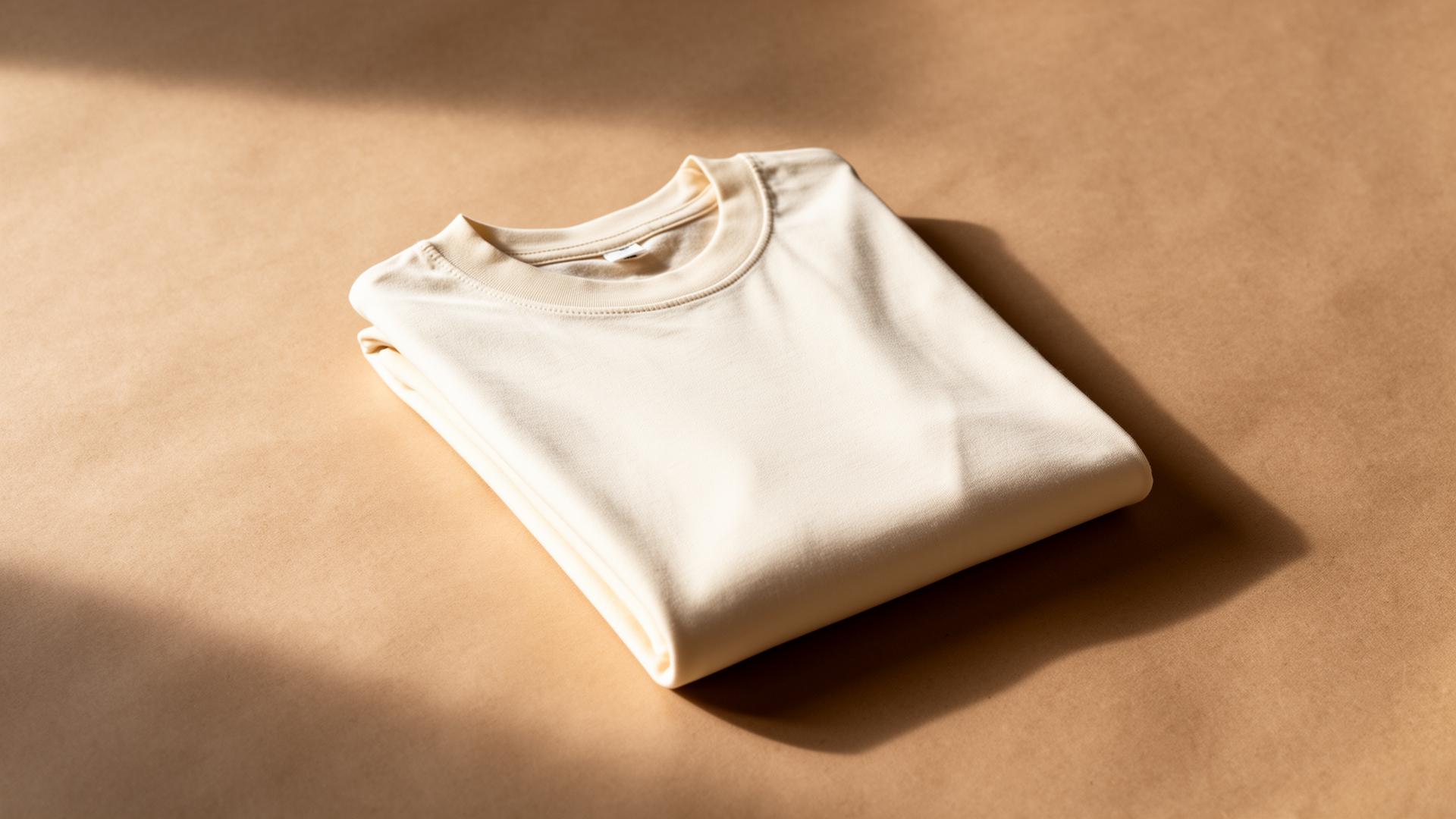 Folded heavyweight cotton tee on warm paper